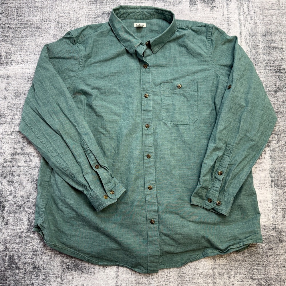 LL Bean Top Womens XL Green Chambray Cotton Stretch Hiking Workshirt Roll Tab‎